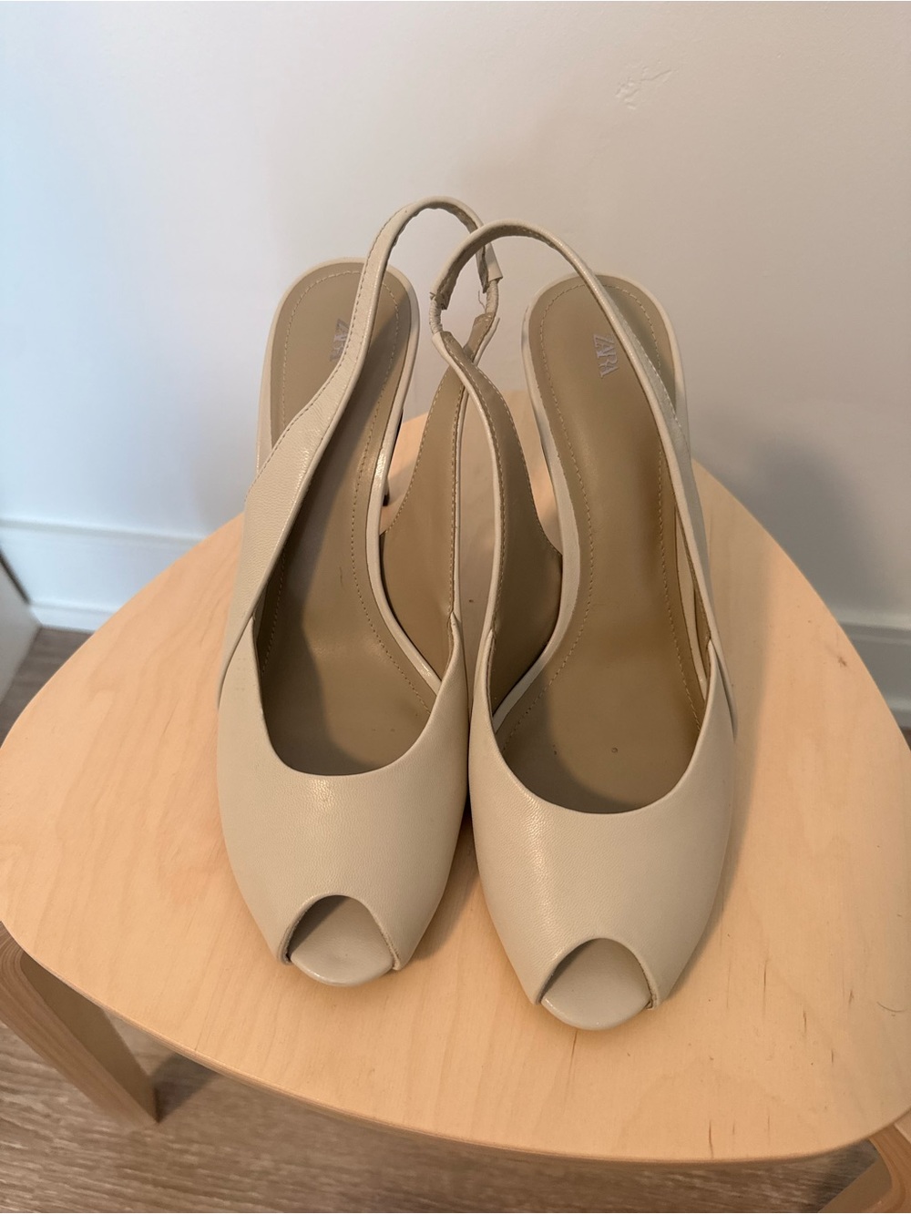 Zara Cream Peep-Toe Slingback Heels